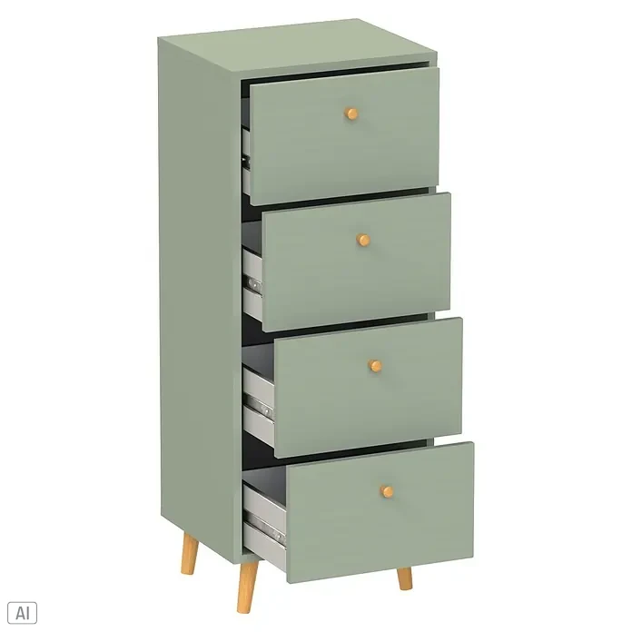 Schildmeyer Bjarne Kommode - L x B x H: 33 x 40,3 x 101,3 cm, Pistazie, Anzahl Schubladen: 4 Stk. - Hellgrüne Kommode mit 4 Schubladen, Holzknöpfen und -beinen; einige sind geöffnet und zeigen Metallführungen.