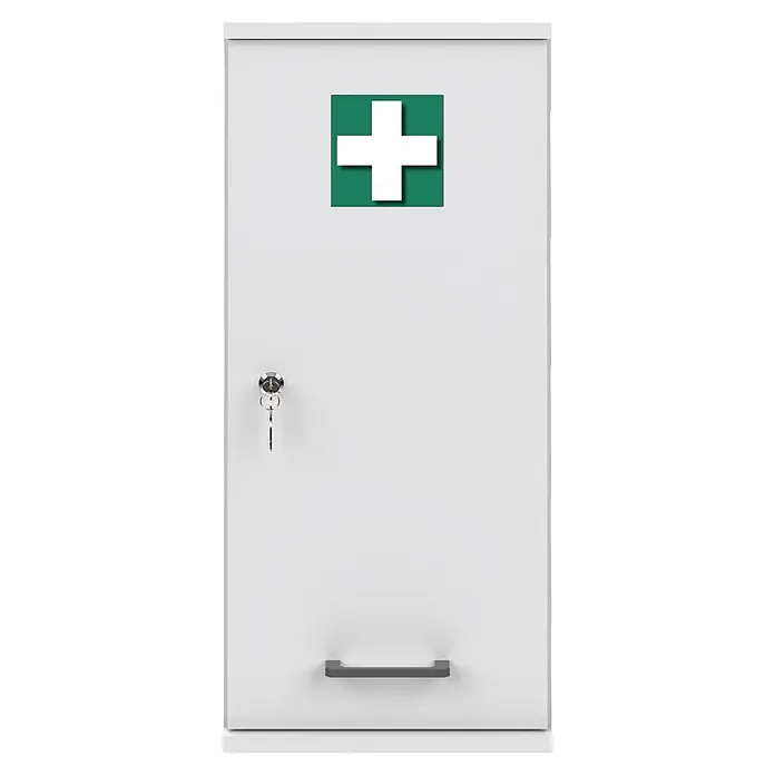 Schildmeyer Galeno Medizinschrank - B x H: 30,3 x 70,8 cm, Weiß - Weißer Erste-Hilfe-Schrank mit grünem Kreuz-Symbol, Schlüssel im Schloss und grauem Griff.