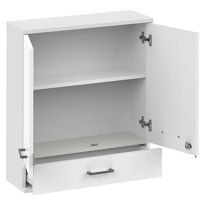 Schildmeyer Galeno Medizinschrank - B x H: 59,8 x 70,8 cm, Weiß, Anzahl Schubladen: 1 Stk. - Weißer Wandschrank mit zwei offenen Türen, verstellbarem Einlegeboden und einer teilweise geöffneten Schublade mit grauen Griffen.