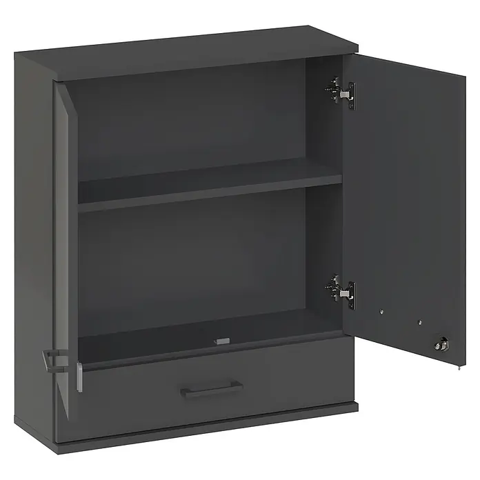 Schildmeyer Galeno Medizinschrank - B x H: 59,8 x 70,8 cm, Anthrazit, Anzahl Schubladen: 1 Stk. - Dunkelgrauer Wandschrank mit offener Tür, einer Ablage und einer unteren Schublade.