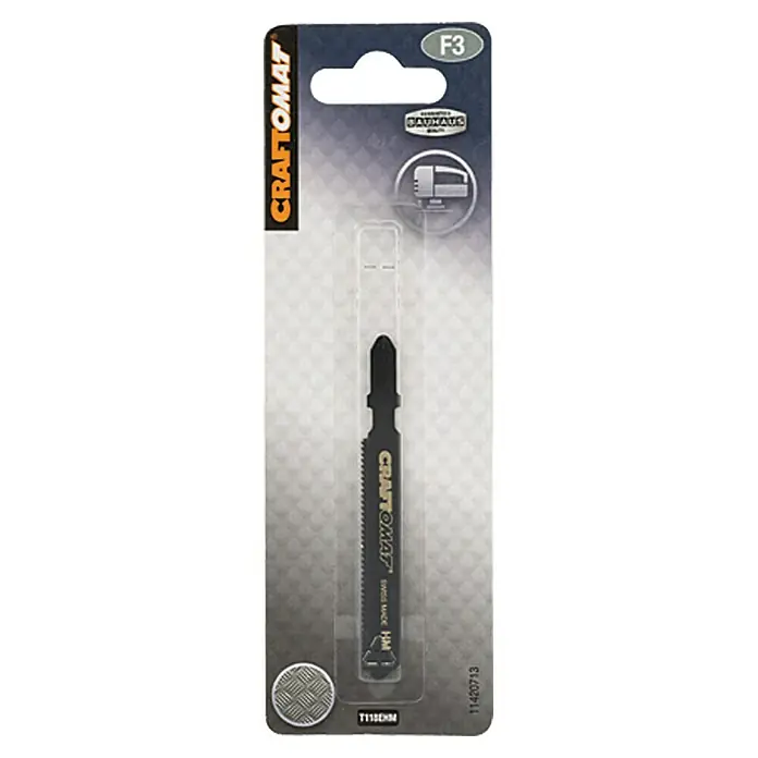 Craftomat Hoja de sierra de calar T 118 EHM - Inox/Acero inoxidable, Vástago en T - Primer plano de una hoja de caladora Craftomat F3, ideal para cortar con precisión diversos materiales, empaquetada y lista para usar.