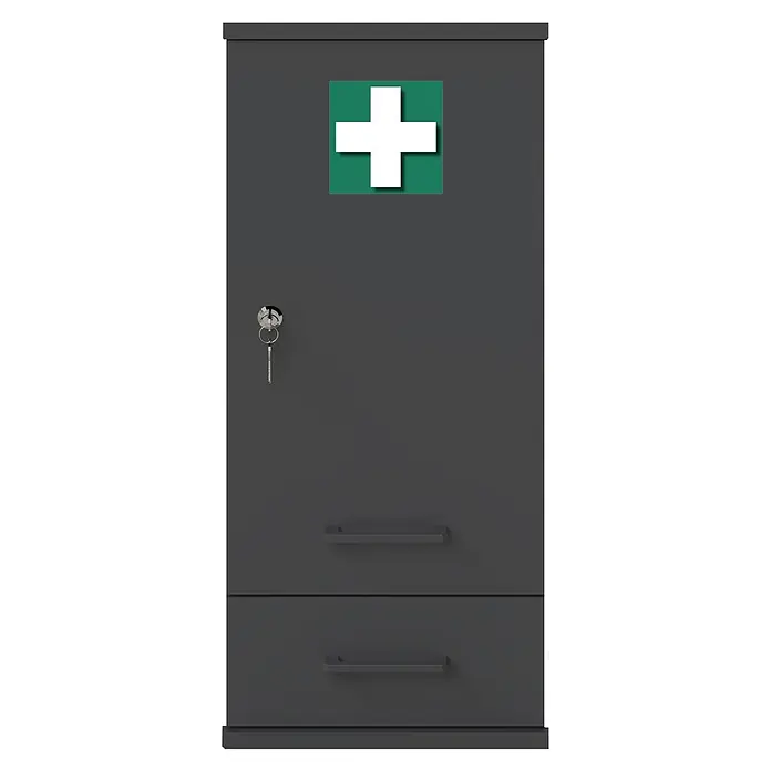 Schildmeyer Galeno Medizinschrank - B x H: 30,3 x 70,8 cm, Anthrazit, Anzahl Schubladen: 1 Stk. - Dunkelgrauer Erste-Hilfe-Schrank aus Metall mit grünem Kreuz-Symbol, Schlüssel und zwei Schubladen.