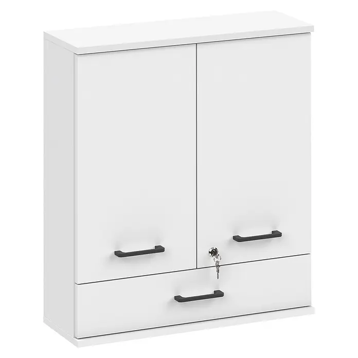 Schildmeyer Galeno Medizinschrank - B x H: 59,8 x 70,8 cm, Weiß, Anzahl Schubladen: 1 Stk. - Weißer Schrank mit zwei oberen Türen, einer unteren Schublade, schwarzen Griffen und einem Schlüssel im Schloss.