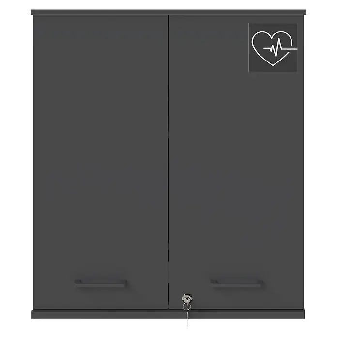 Schildmeyer Galeno Medizinschrank - B x H: 59,8 x 70,8 cm, Anthrazit - Dunkelgrauer zweitüriger Medizinschrank mit Herz-EKG-Symbol, Schloss mit Schlüssel und Griffen.