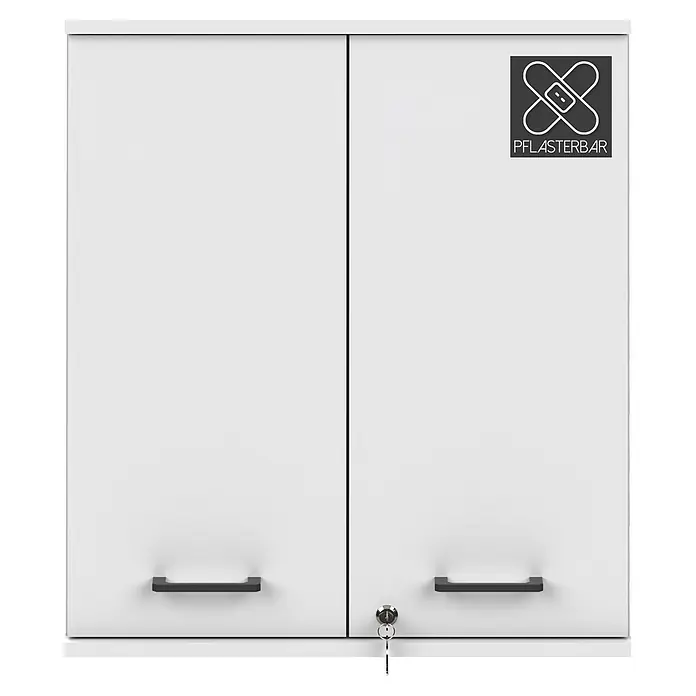 Schildmeyer Galeno Medizinschrank - B x H: 59,8 x 70,8 cm, Weiß - Weißer zweitüriger Schrank mit schwarzen Griffen, einem Schlüsselschloss und einem 'PFL4STERB4R'-Logo auf der rechten Tür.
