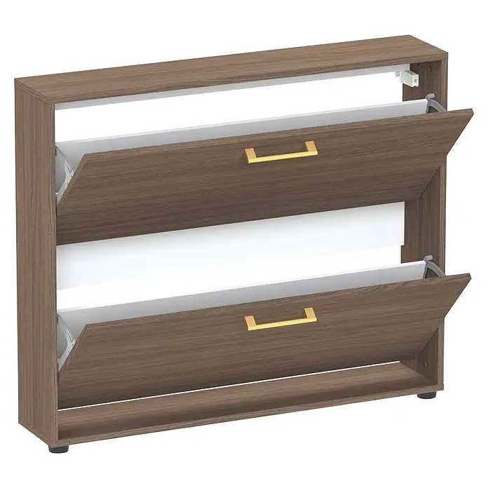 Schildmeyer Glenn Schuhregal - L x B x H: 19,5 x 99,5 x 832 cm, Nussbaum, Anzahl Fächer: 2 Stk. - Zweistöckiger Schuhschrank in Holzoptik Braun mit weißem Innenraum und goldenen Griffen, beide Schubladen leicht geöffnet.
