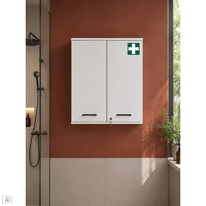 Schildmeyer Galeno Medizinschrank - B x H: 59,8 x 70,8 cm, Weiß - Weißer Wandschrank für Erste Hilfe mit zwei Türen, schwarzen Griffen und einem grünen Kreuzsymbol, im Badezimmer.