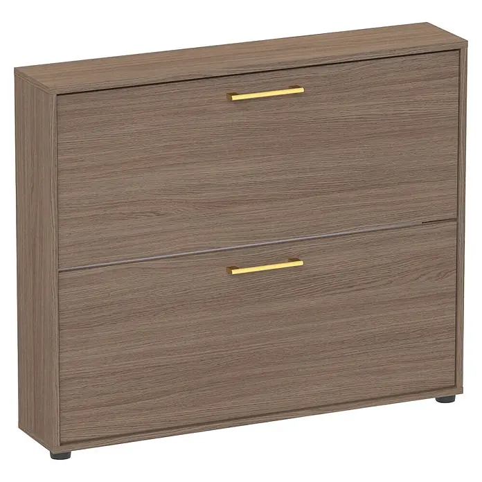 Schildmeyer Glenn Schuhregal - L x B x H: 19,5 x 99,5 x 832 cm, Nussbaum, Anzahl Fächer: 2 Stk. - Hölzerner Schuhschrank mit zwei Schubladen und goldenen Griffen.