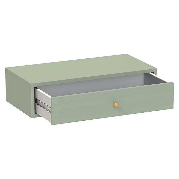 Schildmeyer Bjarne Konsolentisch - L x B x H: 32 x 65,1 x 16,4 cm, Holzwerkstoff, Pistazie - Hellgrüne schwebende Schublade mit geöffneter Schublade, Metallschiene und goldenem Knopf.