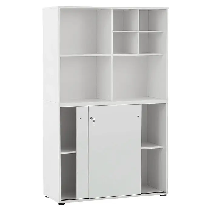 Schildmeyer Serie 400 Holz-Mehrzweckschrank - L x B x H: 82 x 200,2 x 167,2 cm, Weiß - Weißer Büroschrank mit offenen Regalen oben und zwei Schiebetüren unten, eine davon mit Schloss und Schlüssel.