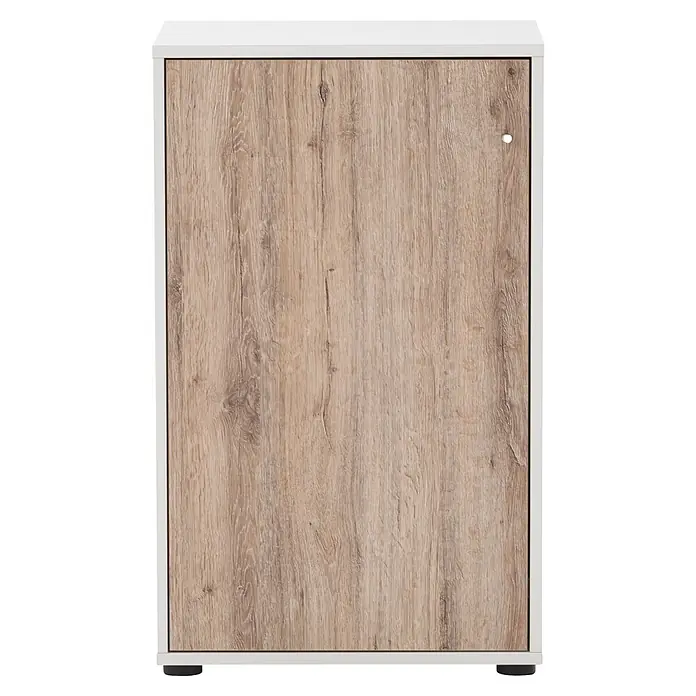 Schildmeyer Serie 400 Unterschrank - L x B x H: 41 x 50,9 x 83,6 cm, Weiß/Eiche - Heller Holzschrank mit weißem Rahmen, schwarzen Füßen und weißem Knopf.