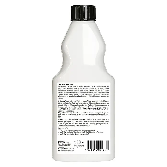 Yachticon Refit - Paste, 500 ml - Weiße Kunststoffflasche mit schwarzem Verschluss, Yachticon Refit Schleif- und Polierpaste.