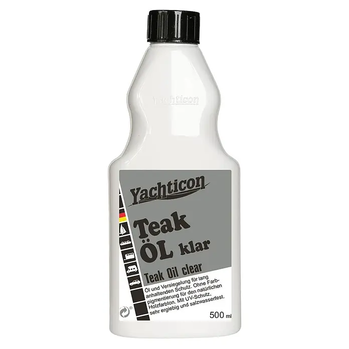 Yachticon Teak-Öl - 500 ml, Klar - Weiße Plastikflasche Yachticon Teak Öl klar, 500 ml, mit schwarzem Verschluss, für Holzschutz und Versiegelung.