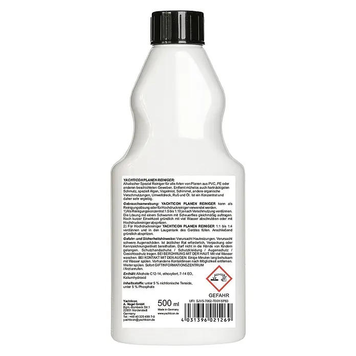 Yachticon Planenreiniger - Flüssig, 500 ml - Weiße Plastikflasche mit schwarzem Deckel, enthält YACHTICON Planen Reiniger, 500ml.