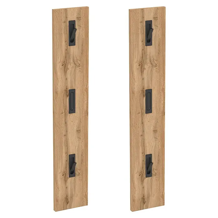 Schildmeyer Saga Garderobenpaneel - L x B x H: 2,5 x 39 x 109 cm, Holzwerkstoff, Eiche - Zwei vertikale helleichenholzpaneele mit je drei schwarzen Griffmuscheln, zwei mit ausgeklapptem Drehhebel, eine bündig.
