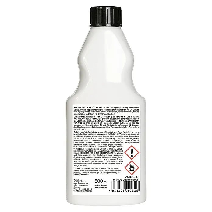 Yachticon Teak-Öl - 500 ml, Klar - Weiße 500-ml-Flasche Yachticon Teaköl Klar mit schwarzem Deckel.