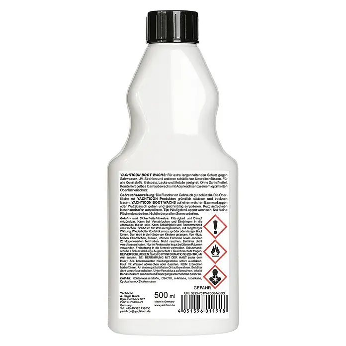 Yachticon Bootswachs - Wachs, 500 ml - Weiße 500-ml-Yachticon Boot Wachs Flasche mit schwarzem Deckel.