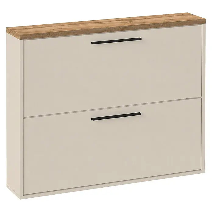 Schildmeyer Saga Schuhregal - L x B x H: 19,5 x 99,5 x 82,1 cm, Creme Beige/Eiche, Anzahl Fächer: 2 Stk. - Schuhschrank mit zwei Schubladen, hellbeigem Korpus, heller Holzplatte und schwarzen Griffen.