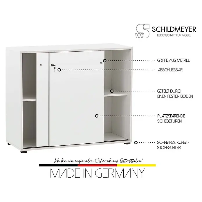 Schildmeyer Serie 400 Unterschrank - L x B x H: 41 x 100,1 x 83,6 cm, Weiß - Weißer abschließbarer Schrank mit platzsparenden Schiebetüren, Metallgriffen und festem Einlegeboden.