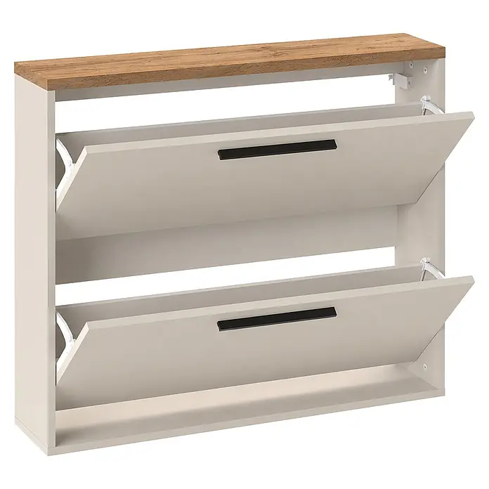 Schildmeyer Saga Schuhregal - L x B x H: 19,5 x 99,5 x 82,1 cm, Creme Beige/Eiche, Anzahl Fächer: 2 Stk. - Beiger Schuhschrank mit zwei offenen Kippfächern und einer Holzplatte.