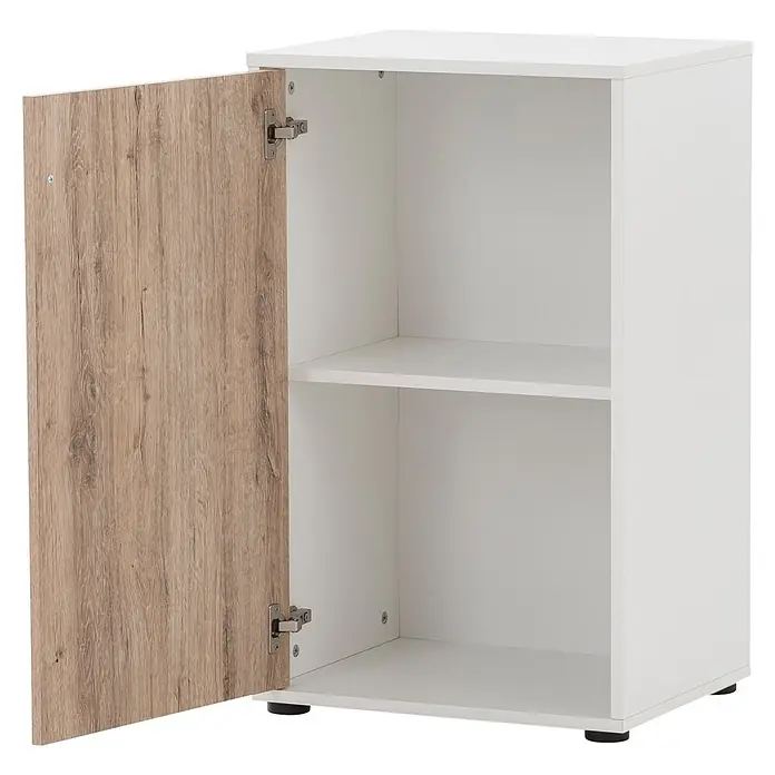 Schildmeyer Serie 400 Unterschrank - L x B x H: 41 x 50,9 x 83,6 cm, Weiß/Eiche - Weißer Schrank mit offener heller Holztür und zwei Einlegeböden.