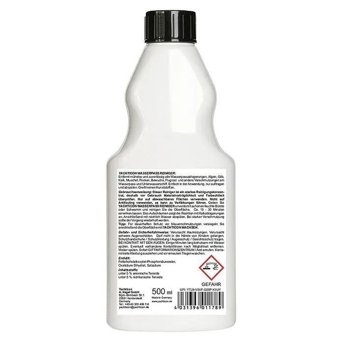 Yachticon Wasserpassreiniger - Flüssig, 500 ml - Weiße Kunststoffflasche mit schwarzem Verschluss, enthält Yachticon Wasserpass Reiniger, ein Bootsreinigungsmittel.