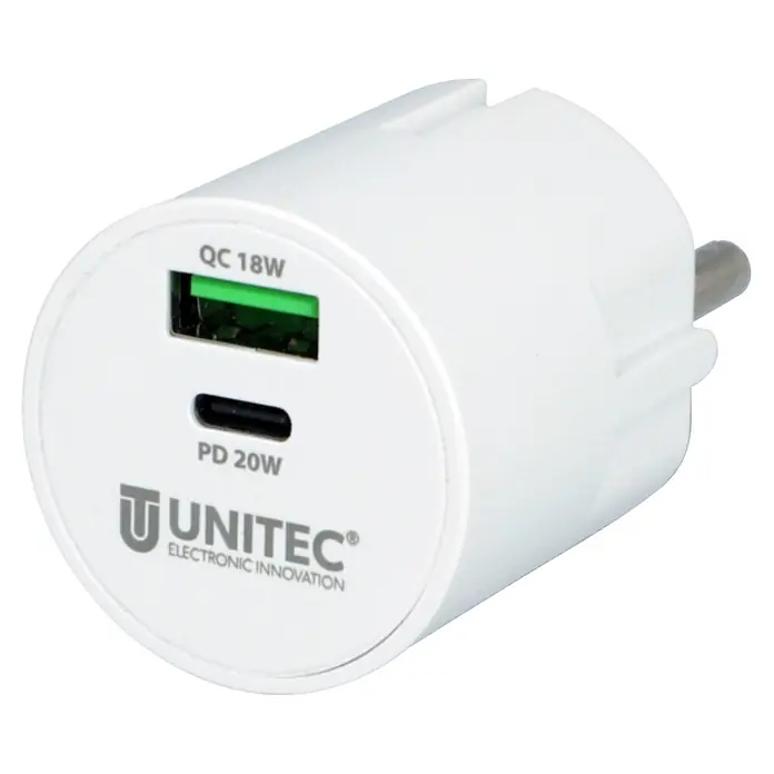 Voltomat USB-Adapter Mini USB A & USB C - Farbe: Weiß - Weißes UNITEC Dual-Port USB-Ladegerät mit QC 18W (USB-A) und PD 20W (USB-C) Anschlüssen und Eurostecker.