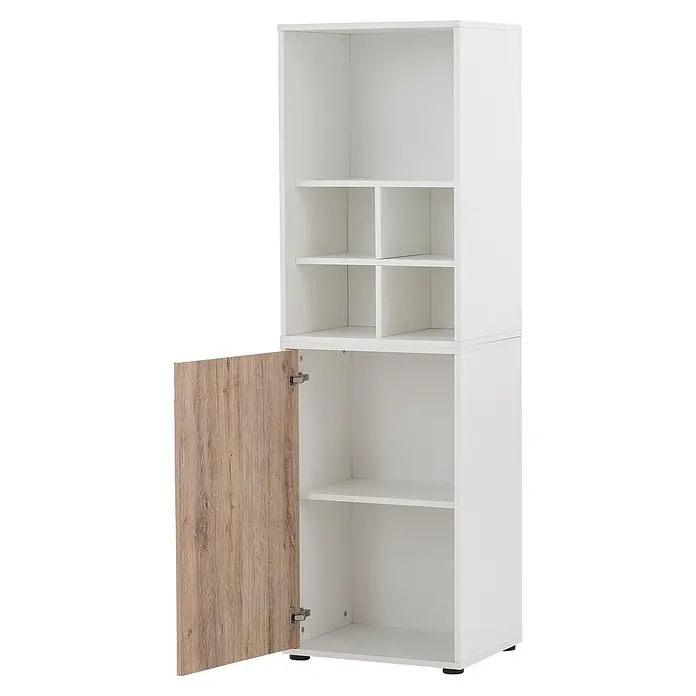 Schildmeyer Serie 400 Holz-Mehrzweckschrank - L x B x H: 114,8 x 149,4 x 205,6 cm, Weiß/Eiche - Weißer Stauraumschrank mit offener, hellbrauner Holztür, der mehrere Regalböden und Würfelfächer zeigt.