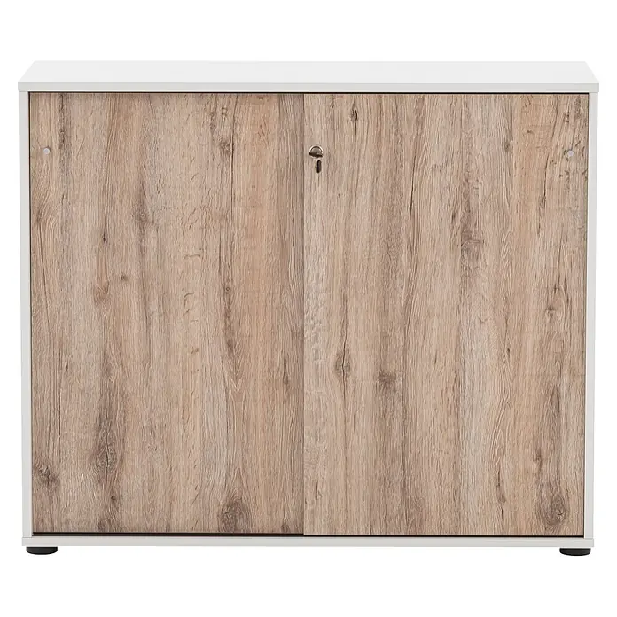 Schildmeyer Serie 400 Unterschrank - L x B x H: 41 x 100,1 x 83,6 cm, Weiß/Eiche - Kleiner Holzschrank mit weißer Platte/Seiten und zwei Schiebetüren, eine davon abschließbar.