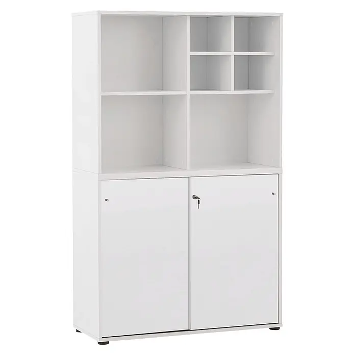 Schildmeyer Serie 400 Holz-Mehrzweckschrank - L x B x H: 82 x 200,2 x 167,2 cm, Weiß - Weißer Aktenschrank mit offenen Regalen und zwei geschlossenen Türen, eine mit Schlüssel, auf kurzen schwarzen Füßen.