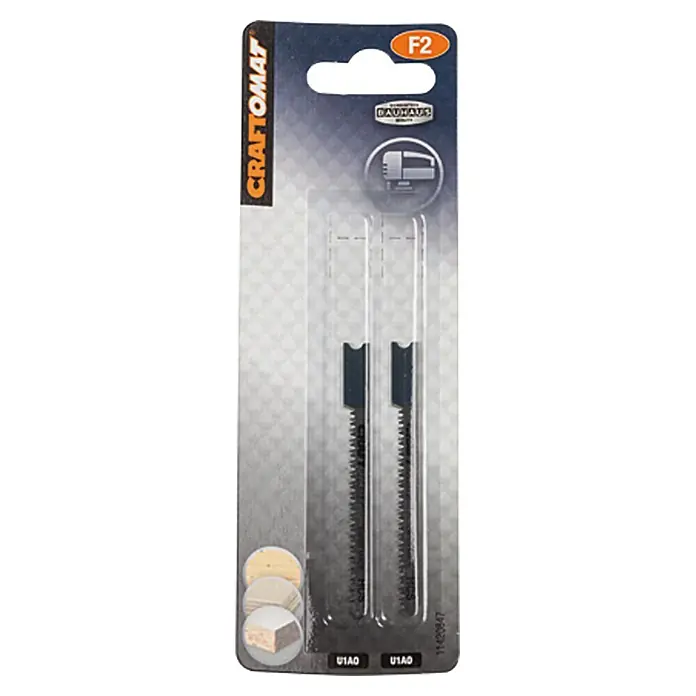 Craftomat Hoja de sierra de calar U 1 AO - Madera blanda / madera contrachapada, 2 pzs., Vástago en U - Imagen de un paquete de hojas de sierra de calar CRAFTOMAT F2 para serrar madera, aglomerado y madera alistonada con bordes redondeados.
