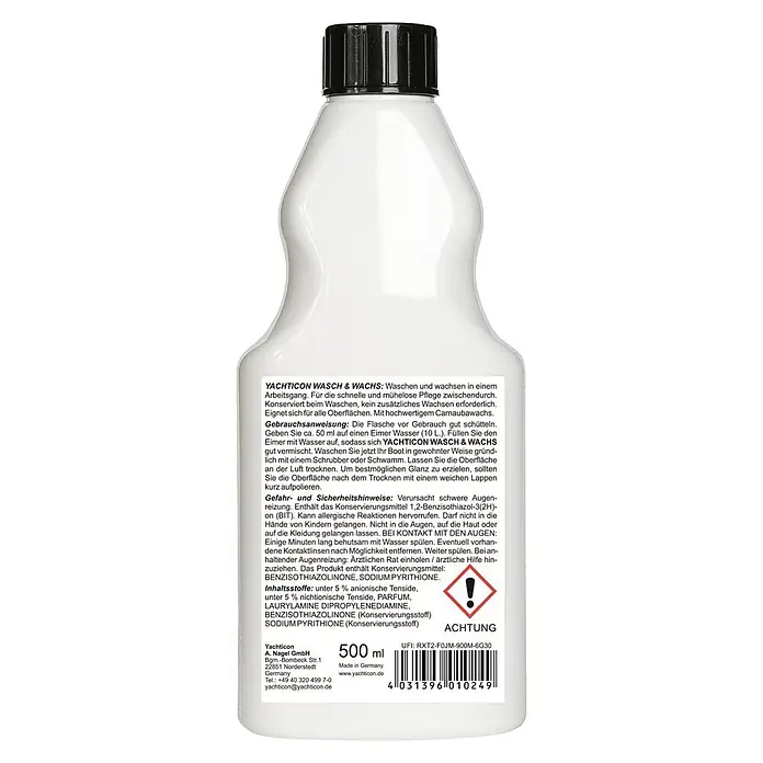 Yachticon Wash & Wax - Wachs, 500 ml - Weiße Kunststoffflasche mit schwarzem Schraubverschluss für Yachticon Wasch & Wachs.