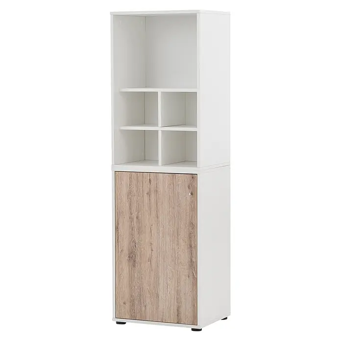 Schildmeyer Serie 400 Holz-Mehrzweckschrank - L x B x H: 114,8 x 149,4 x 205,6 cm, Weiß/Eiche - Weißer Aufbewahrungsschrank mit offenen Fächern und Holztür.