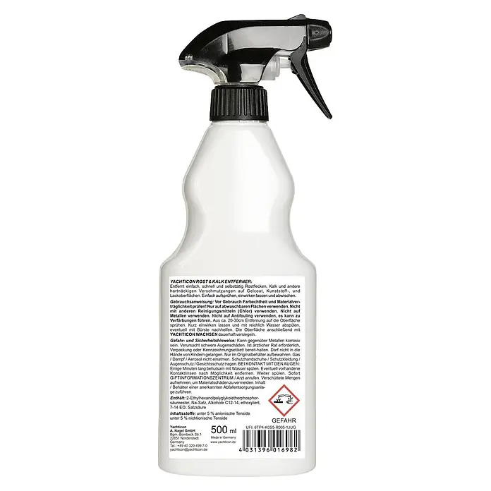 Yachticon Rost- & Kalkentferner - 500 ml - Weiße 500-ml-Sprühflasche mit schwarzem Sprühkopf für Rost- und Kalkentferner.