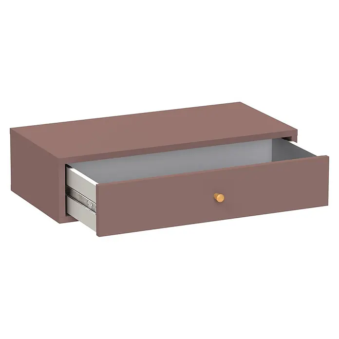 Schildmeyer Bjarne Konsolentisch - L x B x H: 32 x 65,1 x 16,4 cm, Holzwerkstoff, Mauve - Taupefarbene Schubladeneinheit mit teilweise geöffneter Schublade, hellem Innenraum, Metallschienen und goldenem Griff.