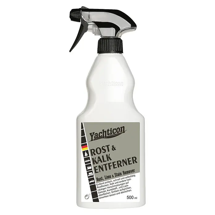 Yachticon Rost- & Kalkentferner - 500 ml - Weiße Kunststoff-Sprühflasche Yachticon Rost- und Kalkentferner mit schwarzem und Chrom-Sprühkopf.