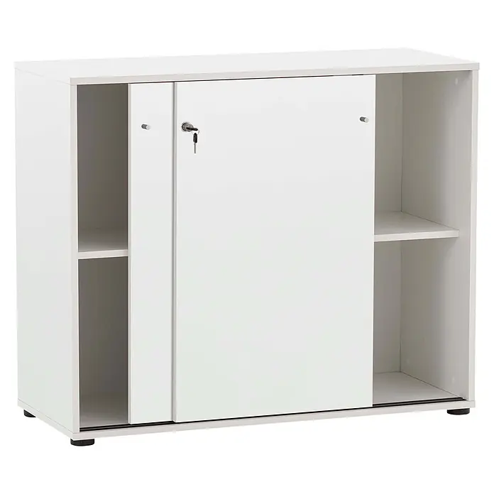 Schildmeyer Serie 400 Unterschrank - L x B x H: 41 x 100,1 x 83,6 cm, Weiß - Weißer Büroschrank mit Schiebetüren, einer abschließbaren Tür mit Schlüssel und offenen Seitenregalen.
