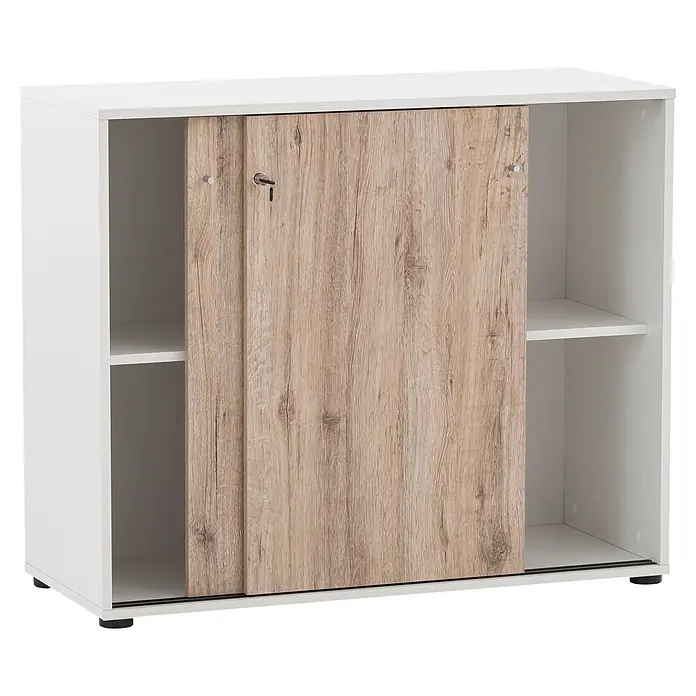 Schildmeyer Serie 400 Unterschrank - L x B x H: 41 x 100,1 x 83,6 cm, Weiß/Eiche - Weißer Schrank mit hellen Schiebetüren in Holzoptik, eine davon abschließbar. Mit Innenfächern und schwarzen Füßen.