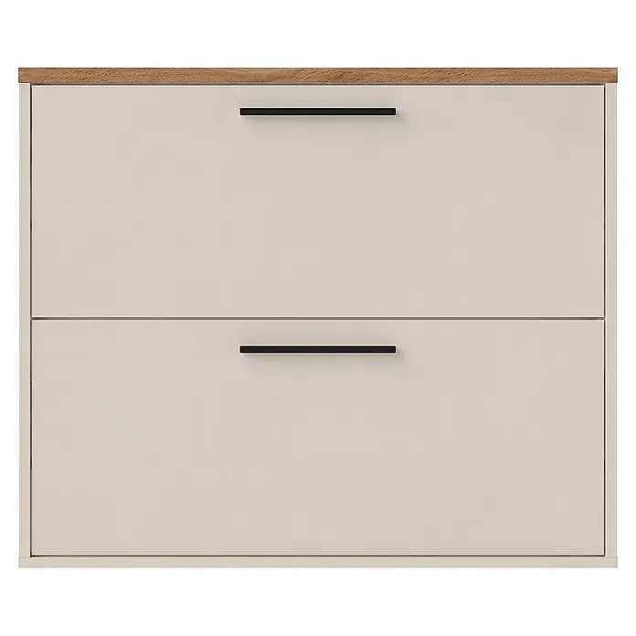 Schildmeyer Saga Schuhregal - L x B x H: 19,5 x 99,5 x 82,1 cm, Creme Beige/Eiche, Anzahl Fächer: 2 Stk. - Zweischubladenschrank mit heller Holzplatte und hellbeigen Schubladen mit schwarzen Griffen.