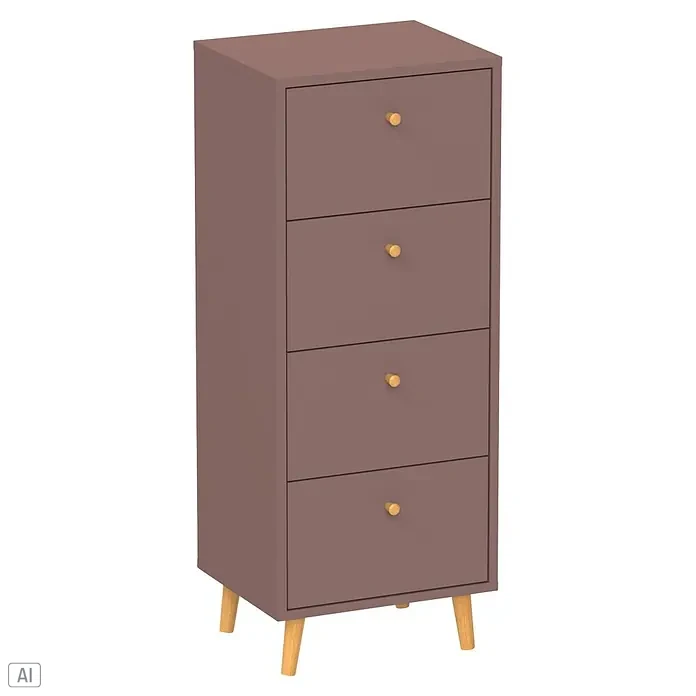Schildmeyer Bjarne Kommode - L x B x H: 33 x 40,3 x 101,3 cm, Mauve, Anzahl Schubladen: 4 Stk. - Schmale Kommode in mattem Lila mit vier Schubladen mit goldenen Knöpfen und Holzbeinen.