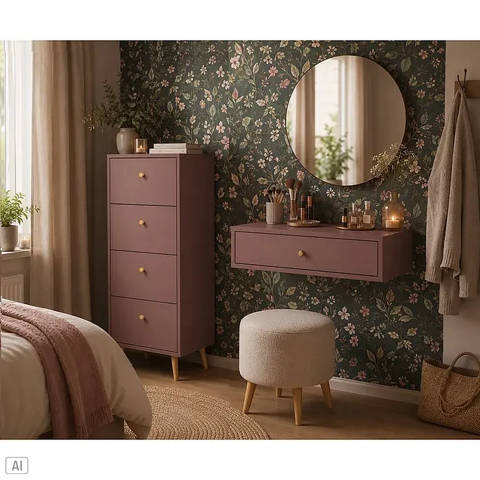 Schildmeyer Bjarne Konsolentisch - L x B x H: 32 x 65,1 x 16,4 cm, Holzwerkstoff, Mauve - Dunkelmauve Kommode und schwebender Schminktisch mit goldenen Knöpfen in einem Schlafzimmer mit Blumen-Tapete.