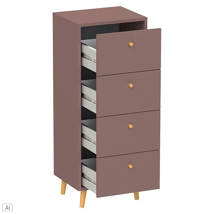 Schildmeyer Bjarne Kommode - L x B x H: 33 x 40,3 x 101,3 cm, Mauve, Anzahl Schubladen: 4 Stk. - Taupe Kommode mit fünf Schubladen, eine offen mit Innenauszügen, und goldenen Knäufen auf Holzbeinen.