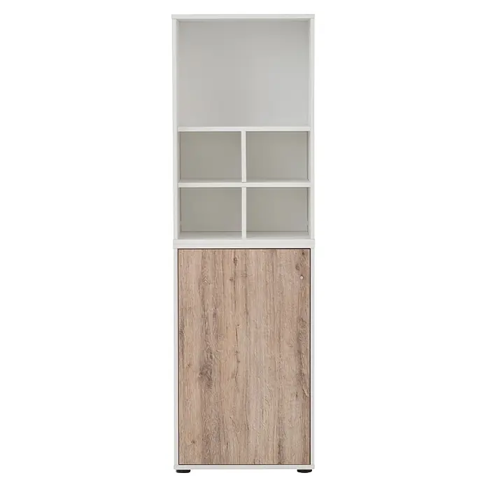 Schildmeyer Serie 400 Holz-Mehrzweckschrank - L x B x H: 114,8 x 149,4 x 205,6 cm, Weiß/Eiche - Weißes Regal mit offenen Fächern und einer hellen Holzmaserung Schranktür.