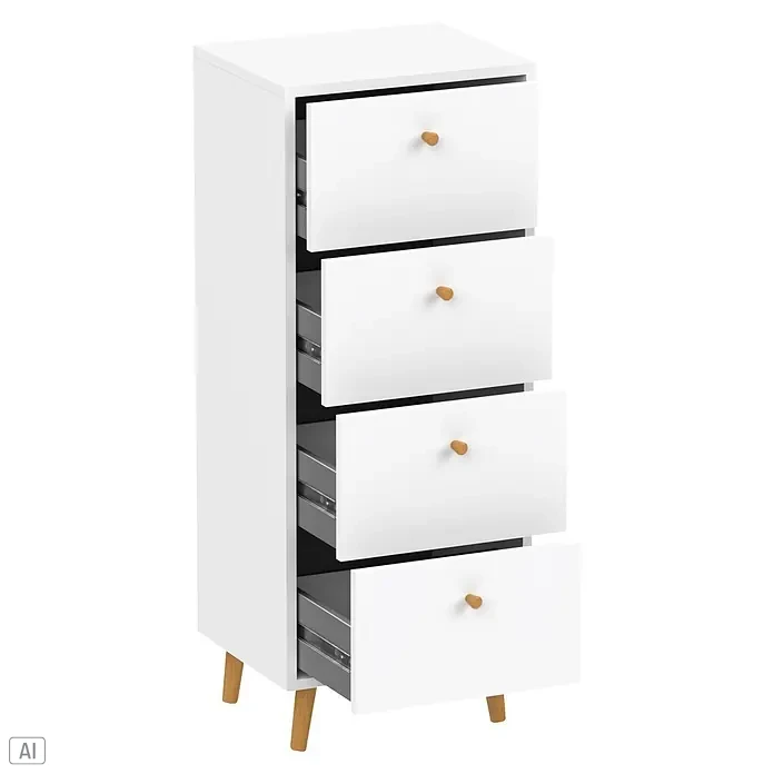 Schildmeyer Bjarne Kommode - L x B x H: 33 x 40,3 x 101,3 cm, Weiß, Anzahl Schubladen: 4 Stk. - Weiße Kommode mit vier offenen Schubladen, kleinen Holzgriffen und konischen Holzfüßen.