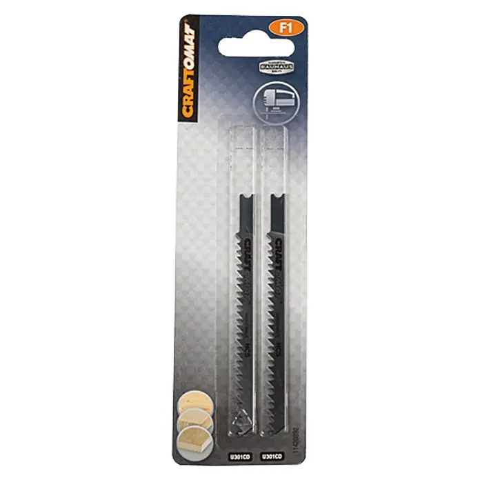 Craftomat Hoja de sierra de calar U 301 CD - Madera blanda / madera aglomerada, 2 pzs., Vástago en U - Primer plano de un juego de hojas de sierra de calar Craftomat F1 para madera, ideales para realizar cortes precisos y obtener resultados profesionales.