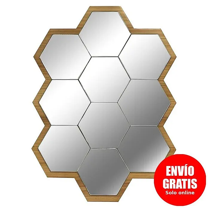Espejo de pared Panal - 60 x 80 cm, Roble - Espejo hexagonal con marco de madera clara, compuesto por nueve azulejos de espejo hexagonales individuales.