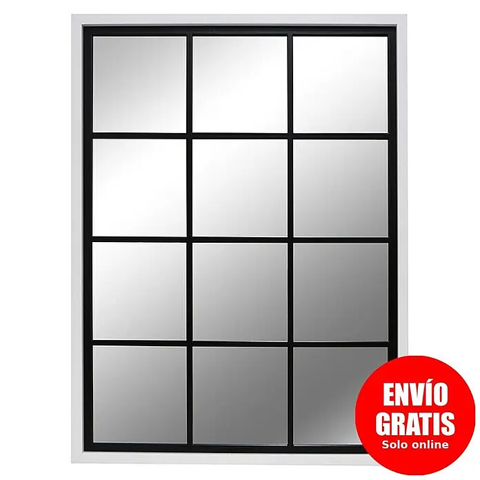 Espejo de pared Loft - 50 x 70 cm, Negro/Blanco - Espejo rectangular grande con rejilla negra que lo divide en 12 cuadrados, marco blanco.