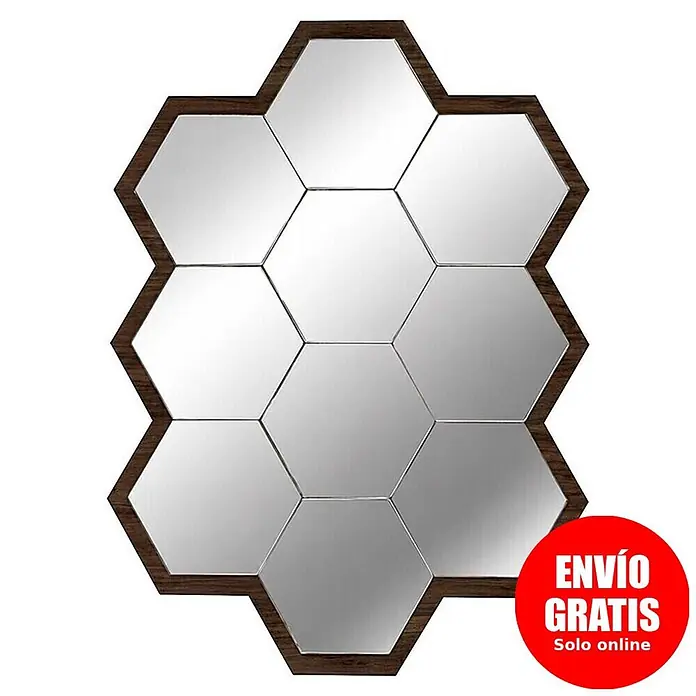 Espejo de pared Panal - 50 x 70 cm, Tabaco - Espejo hexagonal compuesto por múltiples baldosas de espejo, enmarcado en madera oscura.