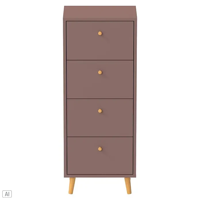 Schildmeyer Bjarne Kommode - L x B x H: 33 x 40,3 x 101,3 cm, Mauve, Anzahl Schubladen: 4 Stk. - Hohe taupefarbene Kommode mit vier Schubladen, hellen Holzknöpfen und konischen Beinen.