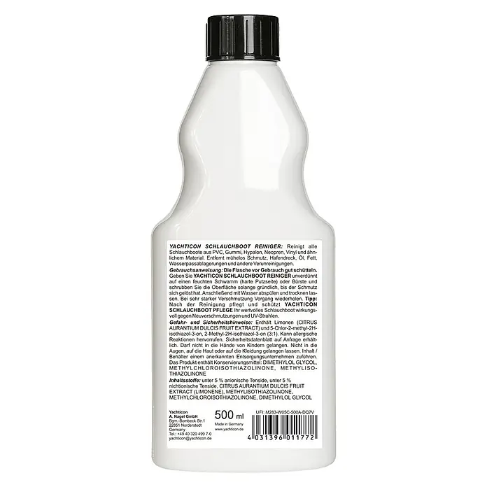 Yachticon Schlauchbootreiniger - Flüssig, 500 ml - Weiße Flasche Yachticon Schlauchboot Reiniger mit schwarzem Verschluss, 500 ml.